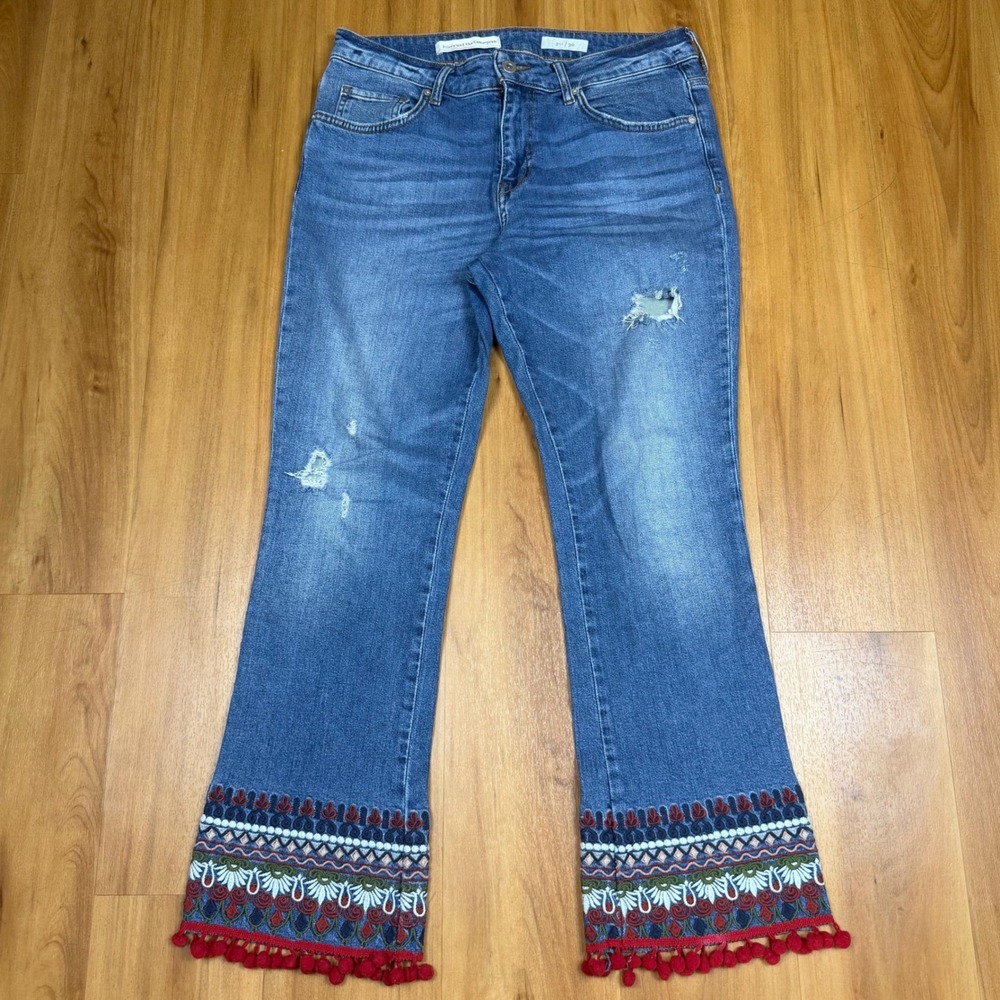 Pilcro and the Letterpress Embroidered Pom Pom Flare Jeans Blue Denim Size 30